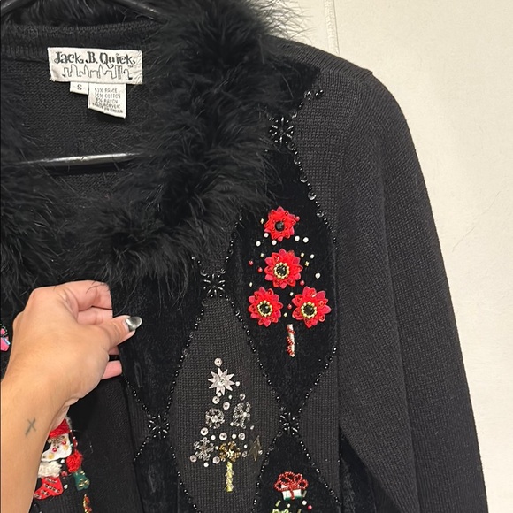 Jack B. Quick Black Festive Cardigan Christmas w/ Sequins beads & fur! - Picture 8 of 11